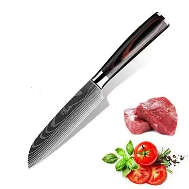 Laser Damascus Kitchen Knife Cleaver Meat Fruit Bread Knife Barbecue Boning Knife Cut Chicken Convenient Scissors Kitchen Knives